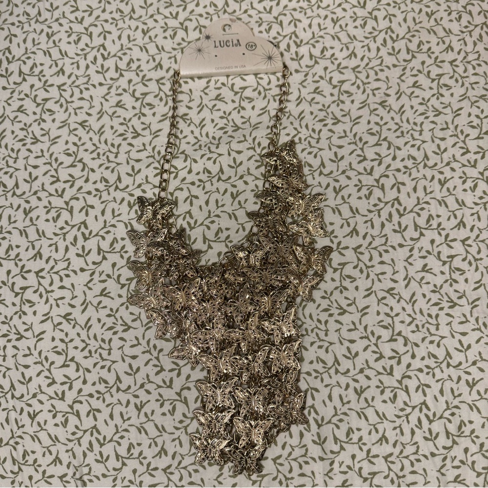 Women Gold Metal Long Necklace Chains Wide Bib Butterfly Fashion Necklace